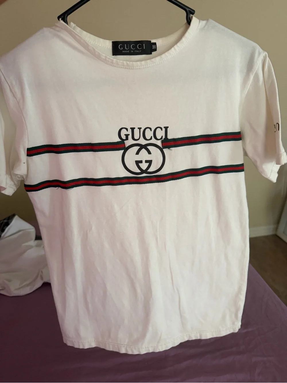 Gucci White Short-Sleeve Tee with Red-Green Logo Stripes